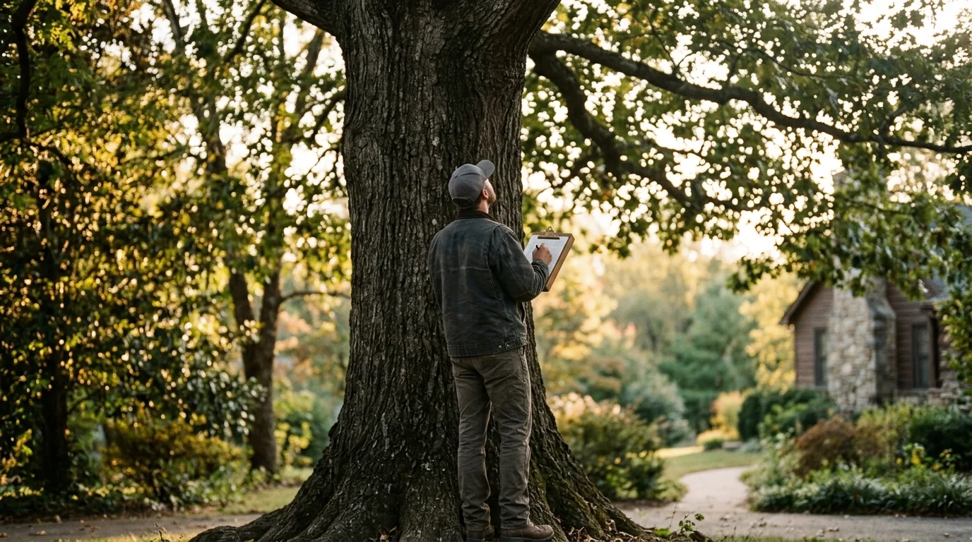 Arborist assessing a large tree canopy with a clipboard before removal on a Knoxville property