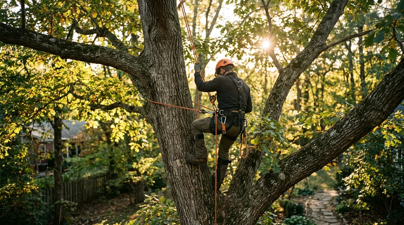 Tree climber ascending a mature hardwood on rigging ropes during a Knoxville tree removal