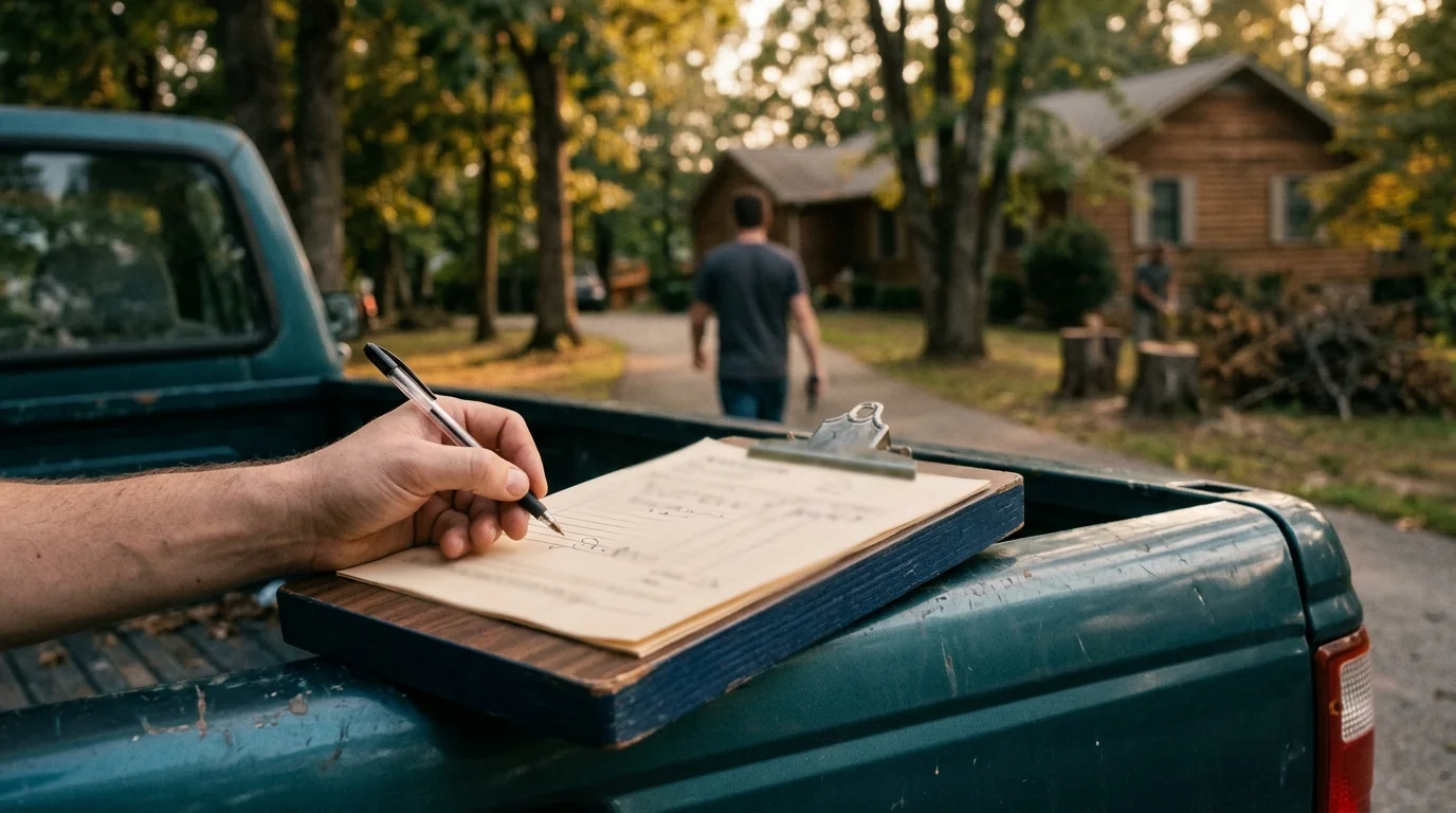 Written tree removal estimate on a clipboard on a truck tailgate in Knoxville, TN