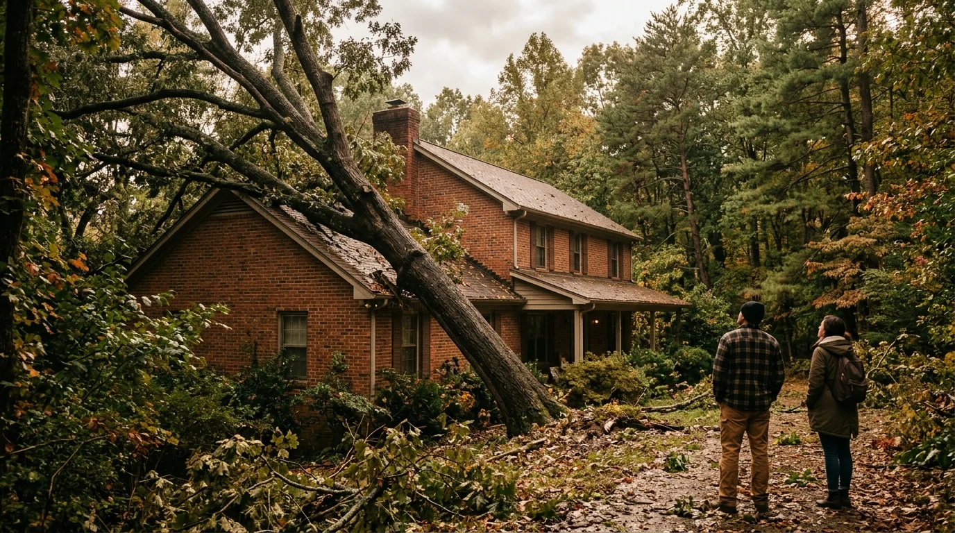 Storm-damaged hardwood tree leaning toward a Knoxville brick home, needing emergency removal
