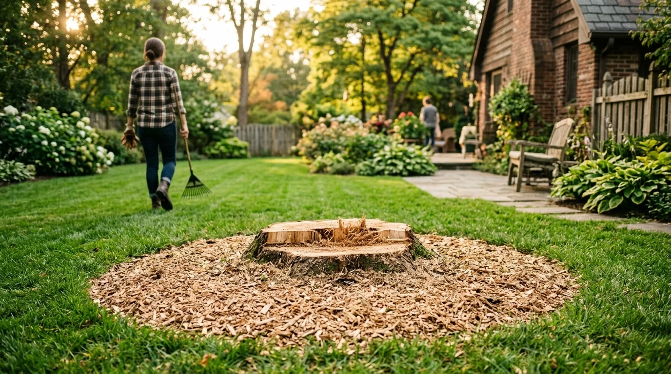 Freshly ground tree stump with clean wood chips in a tidy Knoxville, TN backyard